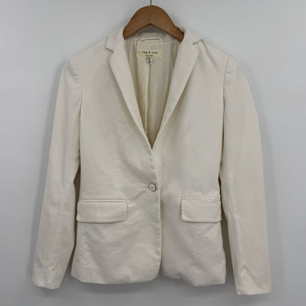 Rag & Bone Textured One Button Cotton Blend Blazer Jacket in Ivory | Size 0